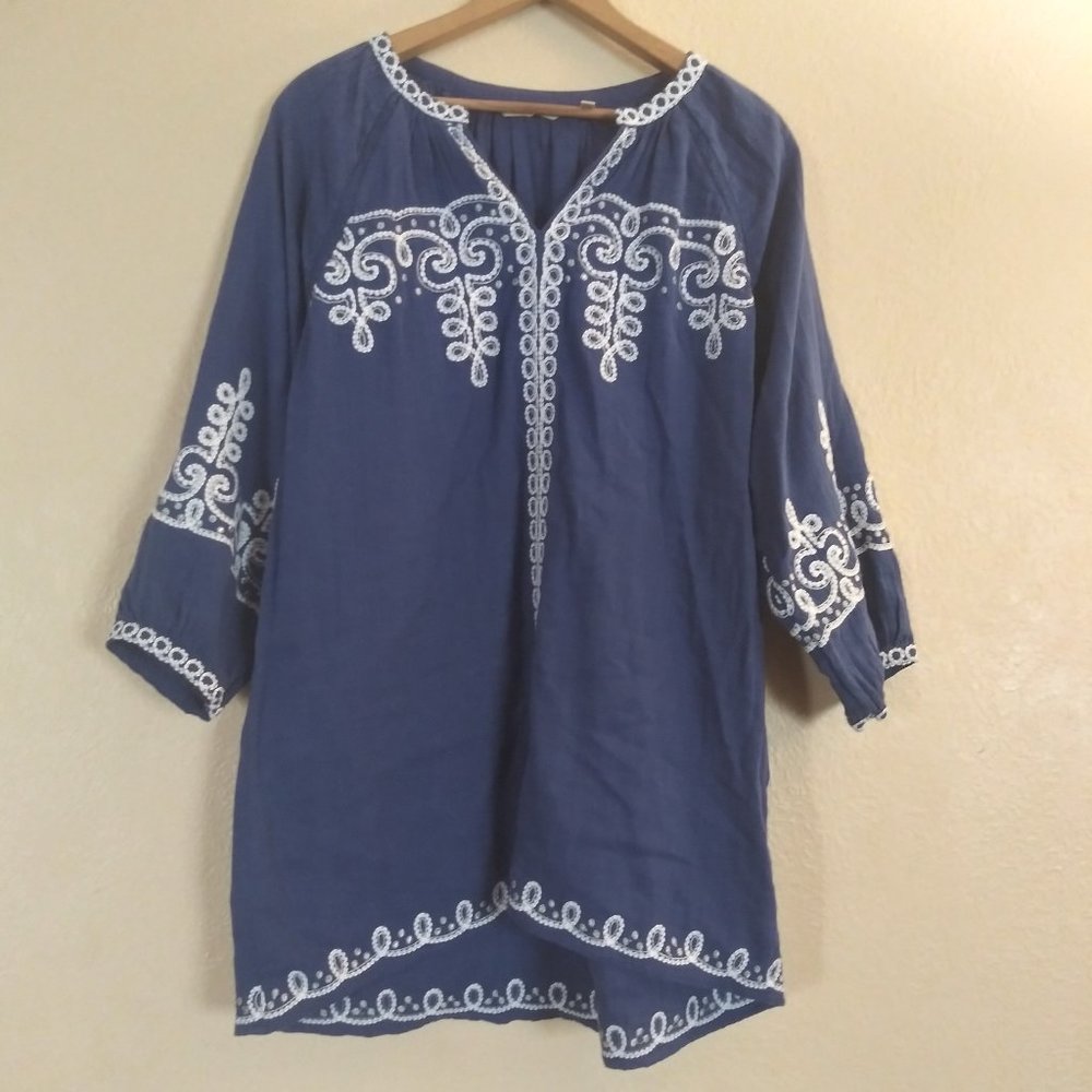 Soft Surroundings Embroidered Blue Tunic Blouse Women's XS